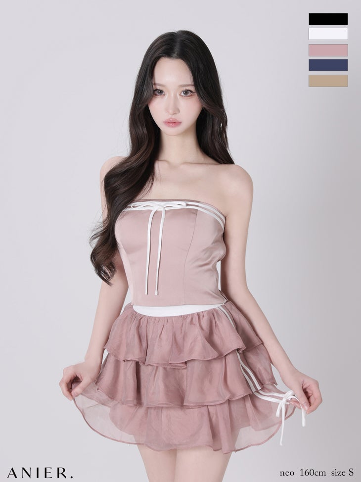 キャバドレス ミニドレス anier.ROBE アニエルローブ 高級 ブランド Aラインミニドレス セットアップ リボン ベアトップ スポーツミックスデザイン ３段フリル バイカラー サテン シフォン