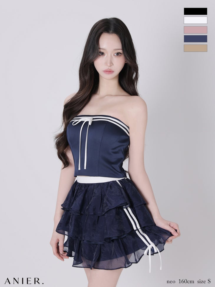 キャバドレス ミニドレス anier.ROBE アニエルローブ 高級 ブランド Aラインミニドレス セットアップ リボン ベアトップ スポーツミックスデザイン ３段フリル バイカラー サテン シフォン