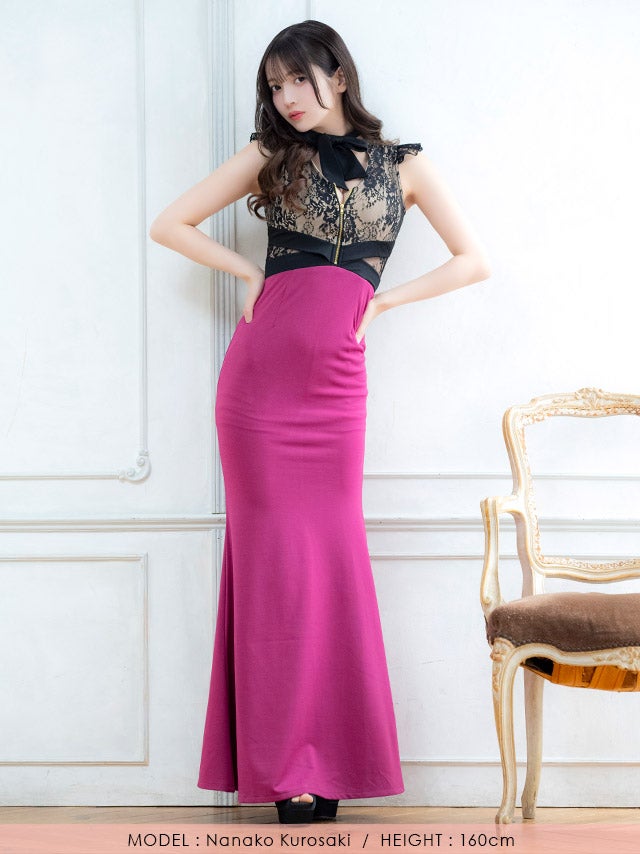 SALE] ロングドレス ノースリーブ ネックリボン ジップ 谷間