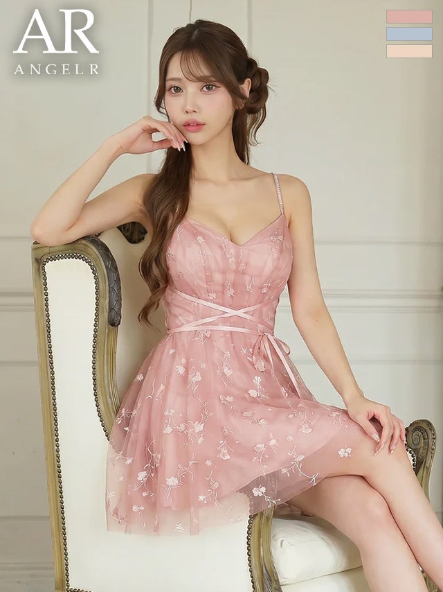 キャバドレス ミニドレス Angel-R エンジェルアール 高級 ブランド Aラインミニドレス キャミソール 谷間 花柄 ウエストリボン メッシュ