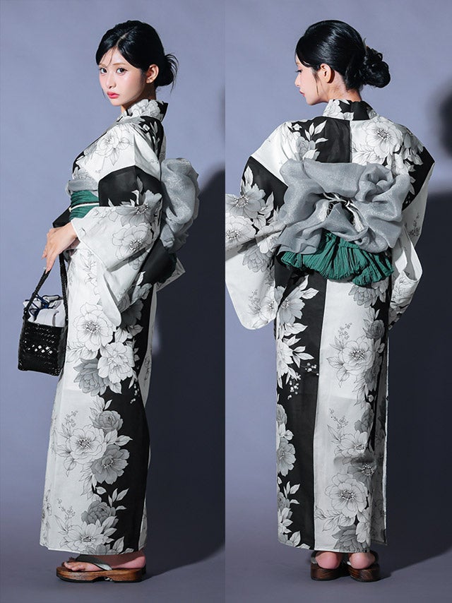 浴衣] 線画 ニュアンス 牡丹柄 バイカラー シック かっこいい 粋