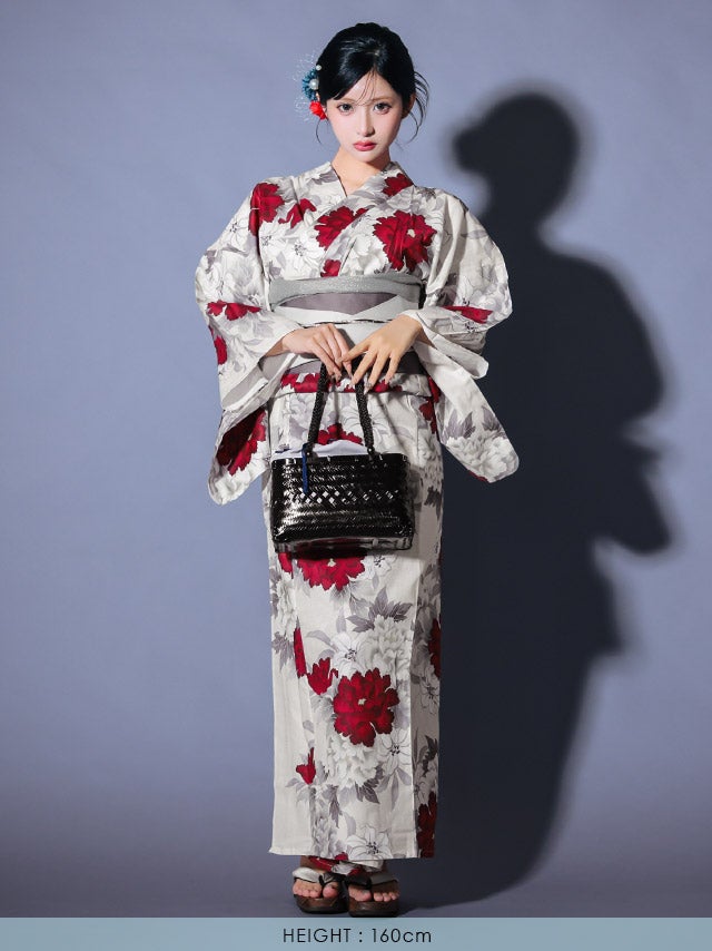 浴衣] ヴィンテージ 紅白 牡丹柄 シック かっこいい 粋 グラデーション