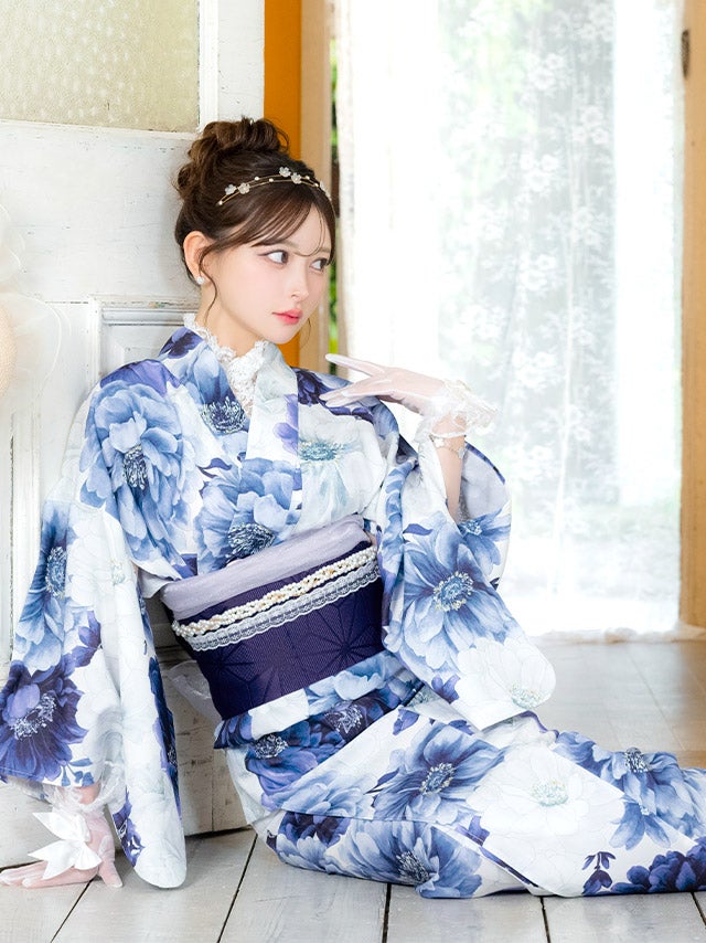浴衣] 水彩 フローラル ニュアンス ガーリー sweet 青 ブルベ 白 2点