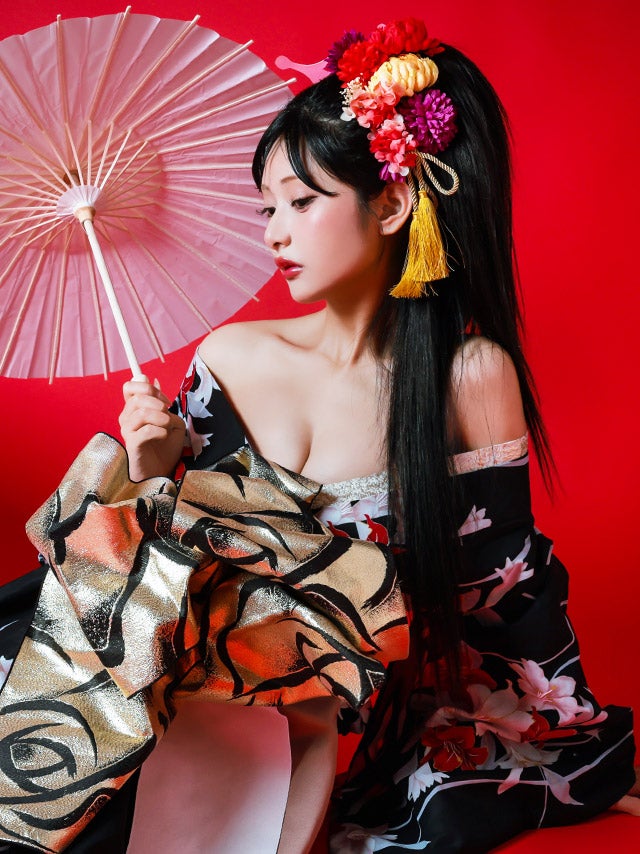 花魁浴衣] 2way 紅白 百合柄 黒 ブラック 赤 白 4点セット (横田未来
