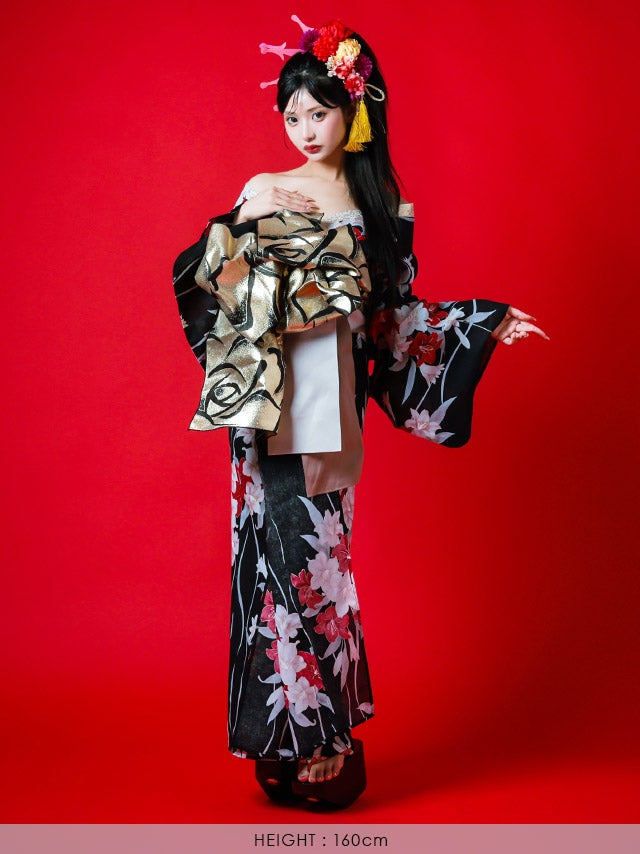 花魁浴衣] 2way 紅白 百合柄 黒 ブラック 赤 白 4点セット (横田未来