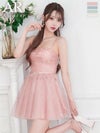 キャバドレス ミニドレス Angel-R エンジェルアール 高級 ブランド Aラインミニドレス キャミソール ビジュー ウエストリボン 花柄 刺繍レース
