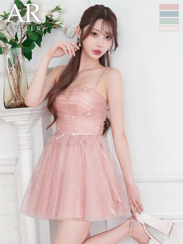 キャバドレス ミニドレス Angel-R エンジェルアール 高級 ブランド Aラインミニドレス キャミソール ビジュー ウエストリボン 花柄 刺繍レース