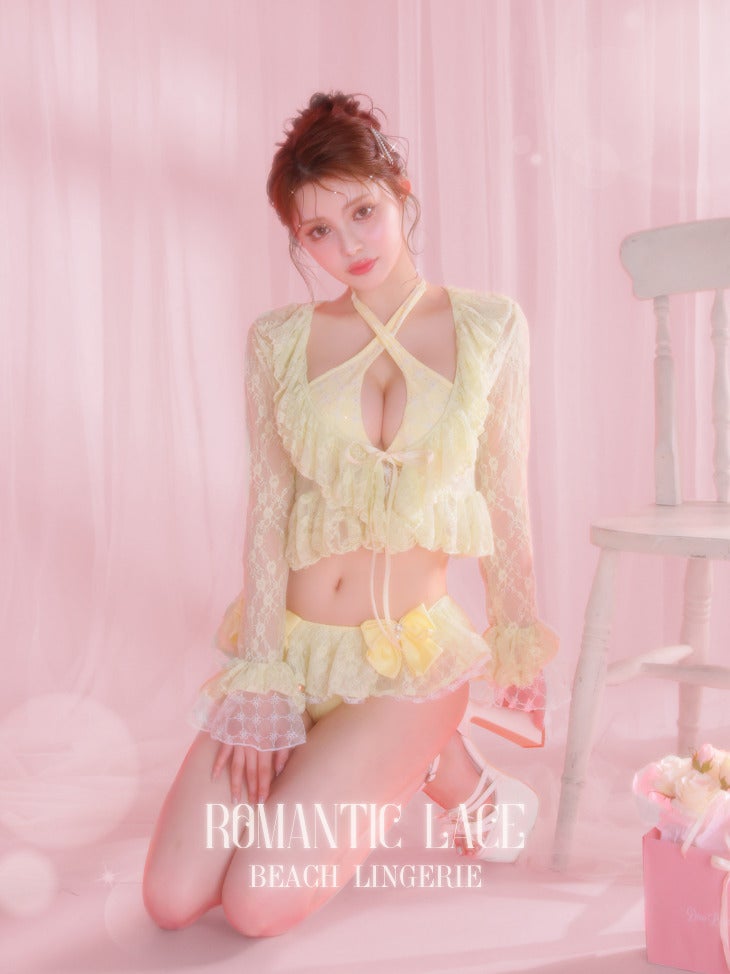 Beach Lingerie ビーチランジェリー 高級 ホルターネック スパンコール バストカット フリル リボン ラメレースカーディガン付き ビキニ 上下セット［ビキニ/フリルショーツ/レースカーディガン]