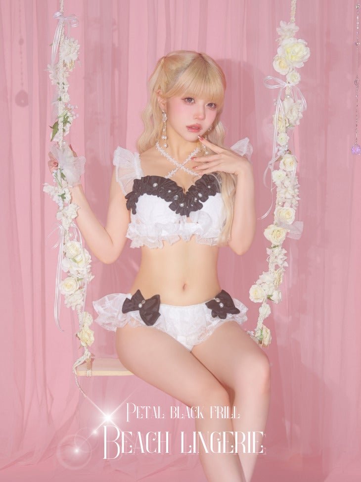 Beach Lingerie ビーチランジェリー 高級 刺繍レース リボン フリル スパンコールレース キュート ビキニ 上下セット[ビキニ/フリルショーツ]