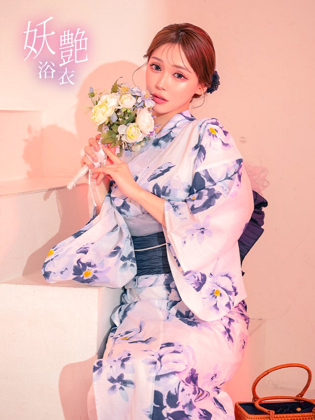 浴衣 レディース セット ゆかた セット 兵児帯 青 水彩 フラワー ブルー 白地 和装 シワ兵児
