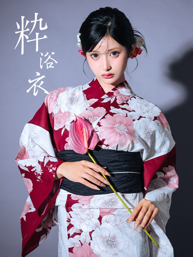 浴衣] 線画 ニュアンス 牡丹柄 バイカラー シック かっこいい 粋