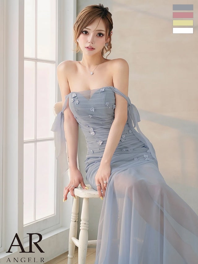 キャバドレス ロングドレス Angel-R エンジェルアール 高級 ブランド タイトロングドレス オフショルダー ビジュー 刺繍レース 谷間 マーメイド 2way ショルダーリボン チュール