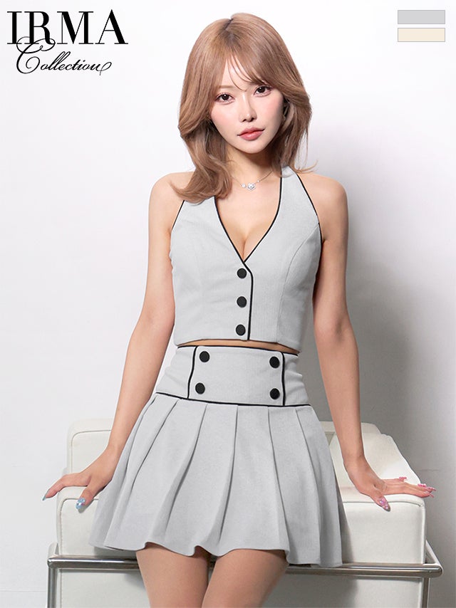 キャバドレス ミニドレス IRMA イルマ 高級 ブランド Aラインミニドレス セットアップ ホルターネック 谷間 プリーツ ストライプニット ボタン