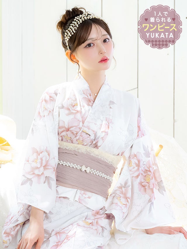 パウダーピンク ニュアンスフラワー 簡単 一人で着れる 3点セット 浴衣] ワンピース2way ニュアンスフラワー ガーリー Sweet パウダー