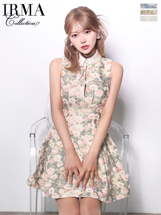 キャバドレス ミニドレス IRMA イルマ 高級 ブランド Aラインミニドレス ワンピース ノースリーブ リボン 襟付き 花柄 バストカット