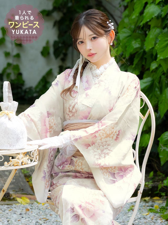 ワンピース浴衣 浴衣ワンピ ゆかた 2way ワンピース 牡丹 菊 ベージュ 簡単 ニュアンス