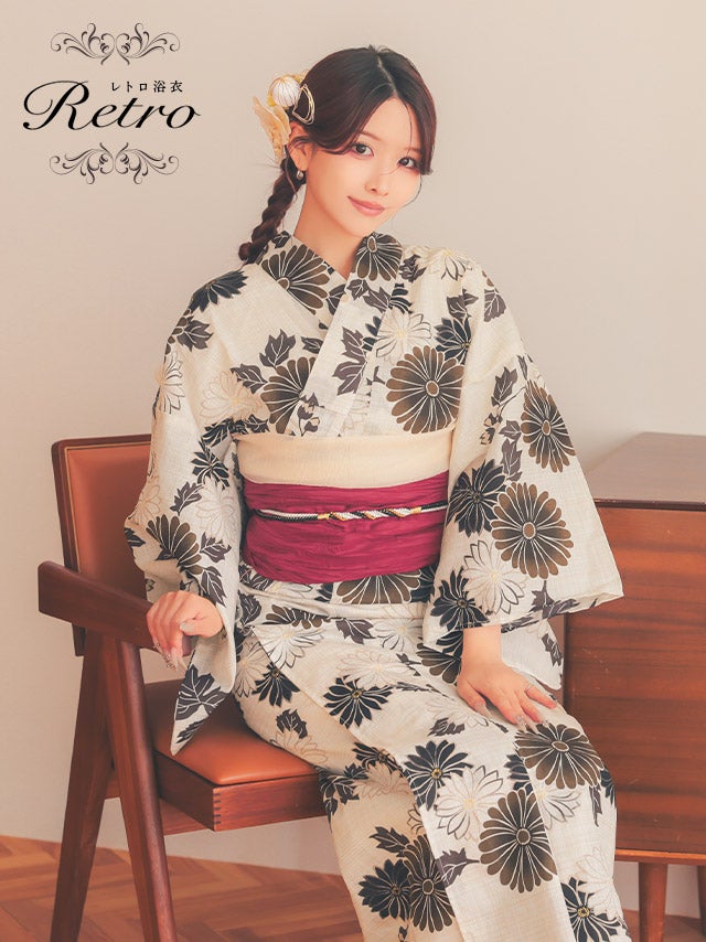 [浴衣] 生成り 菊 古典レトロ モダン 茶色 ベージュ 赤 2点セット (重川茉弥着用) [tk-ykrt26-toy14]