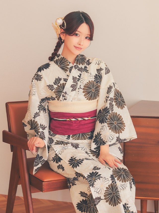 浴衣] 生成り 菊 古典レトロ モダン 茶色 ベージュ 赤 2点セット (重川