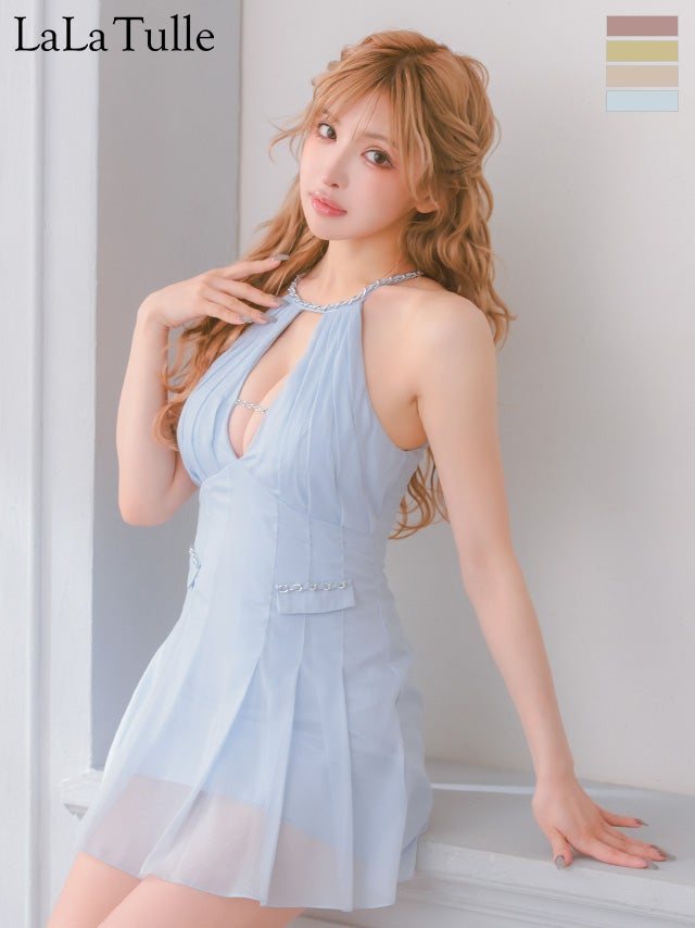 [Angel-R/エンジェルアール] 高級 ブランド Aラインミニドレス ホルターネック ビジューチェーン 谷間 バストカット プリーツスカート フェイクポケット (ゆんころ着用)