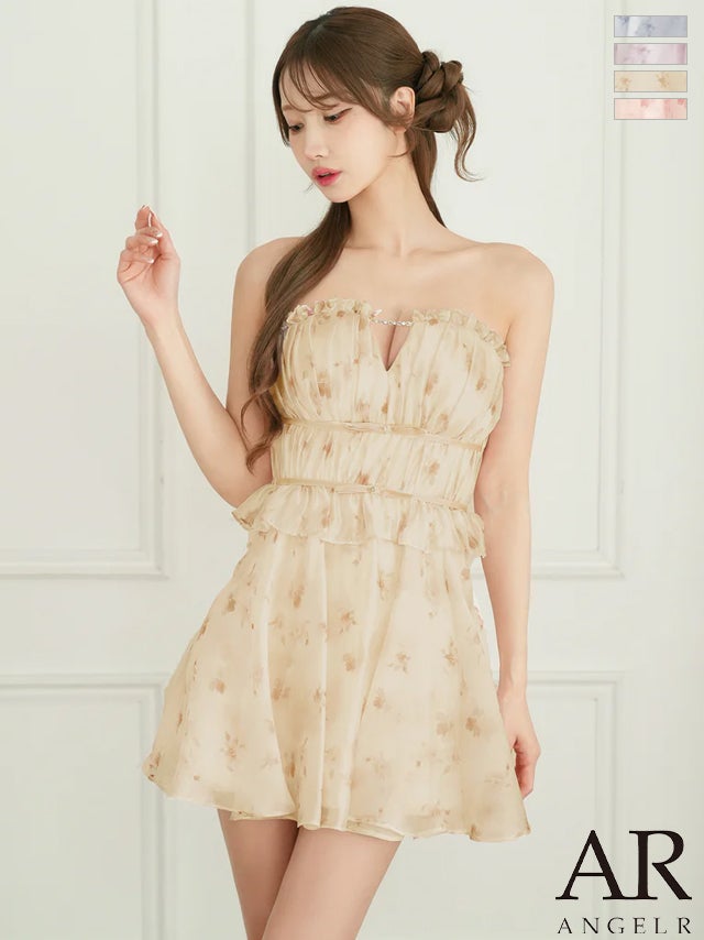 キャバドレス ミニドレス Angel-R エンジェルアール 高級 ブランド Aラインミニドレス 谷間 リボン ベアトップ 花柄 2way バストチェーン ウエストギャザー