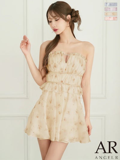 キャバドレス ミニドレス Angel-R エンジェルアール 高級 ブランド Aラインミニドレス 谷間 リボン ベアトップ 花柄 2way バストチェーン ウエストギャザー