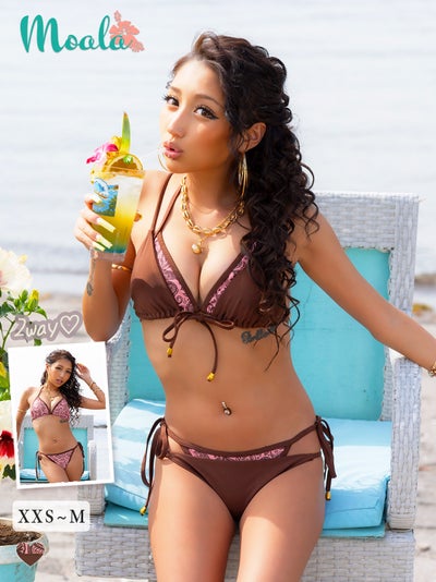 moala 2way ホルターネック 海外 三角ビキニ レイヤード エスニック ペイズリー セクシー ギャル ピンク ブラウン