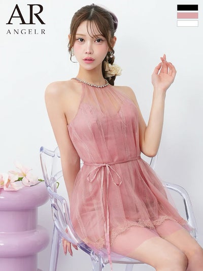 [Angel-R/エンジェルアール] 高級 ブランド Aラインミニドレス ホルターネック ビジュー 胸元カバー ウエストリボン チュール