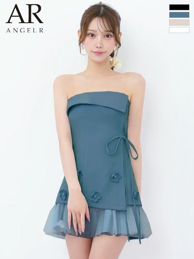 [Angel-R/エンジェルアール] 高級 ブランド Aラインミニドレス ベア 胸元カバー ウエストリボン チュール切替 立体フラワー