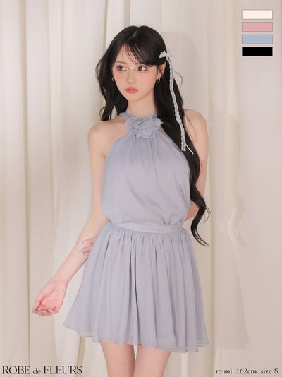 [ROBEdeFLEURS/ローブドフルール] 高級 ブランド Aラインミニドレス セットアップ ホルターネック バックリボン 胸元カバー フラワーブローチ ラメ