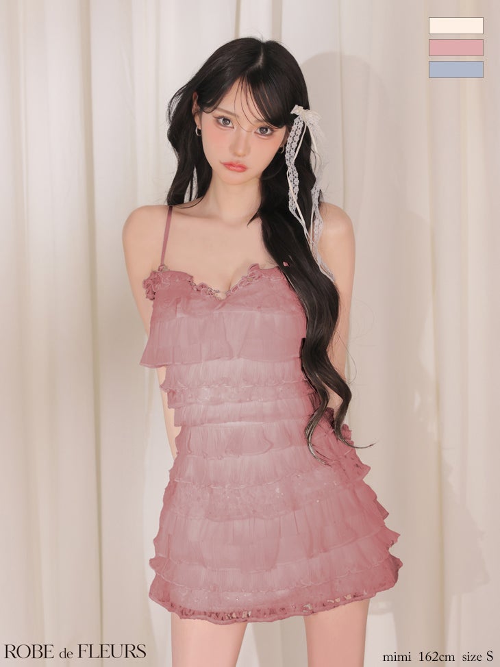 [ROBEdeFLEURS/ローブドフルール] 高級 ブランド Aラインミニドレス セットアップ キャミソール ビジュー フラワーレース 谷間 リボン ティアードフリル