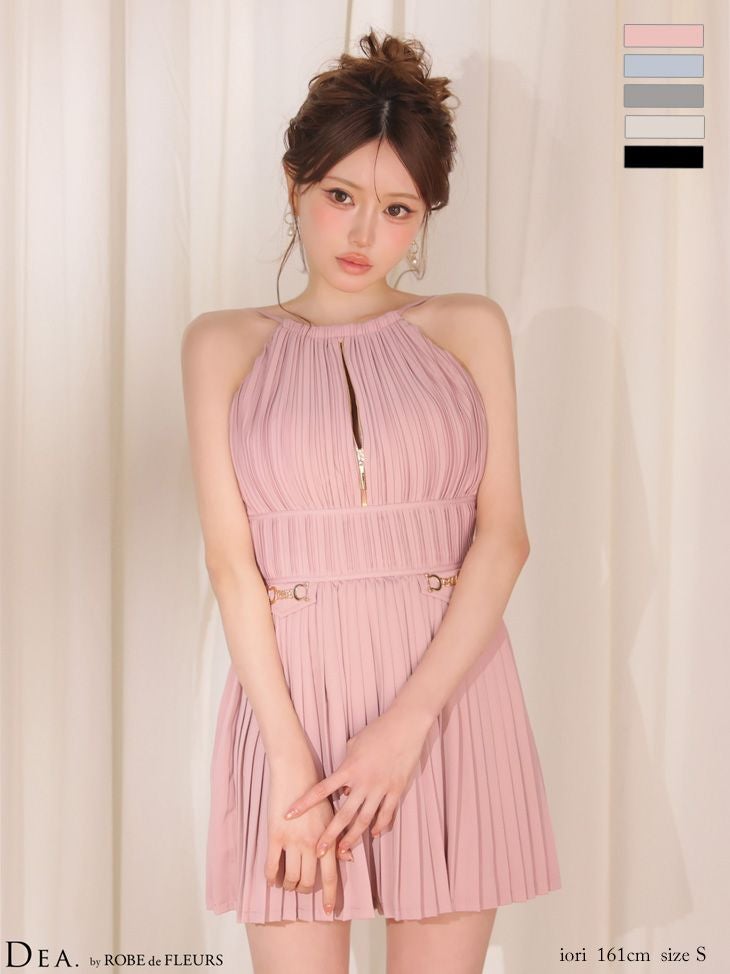 [DEA.byROBEdeFLEURS/ディアバイローブドフルール] 高級 ブランド ワンピース Aラインミニドレス 谷間 ホルターネック 背中魅せ ジップ プリーツ ワンカラー