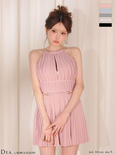 [DEA.byROBEdeFLEURS/ディアバイローブドフルール] 高級 ブランド ワンピース Aラインミニドレス 谷間 ホルターネック 背中魅せ ジップ プリーツ ワンカラー