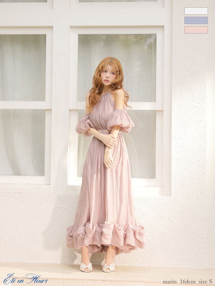 [ROBEdeFLEURS/ローブドフルール] 高級 ブランド ワンピース Aラインロングドレス ホルターネック 2way パフスリーブ付き 胸元カバー ウエストカット 背中魅せ シフォン フリル