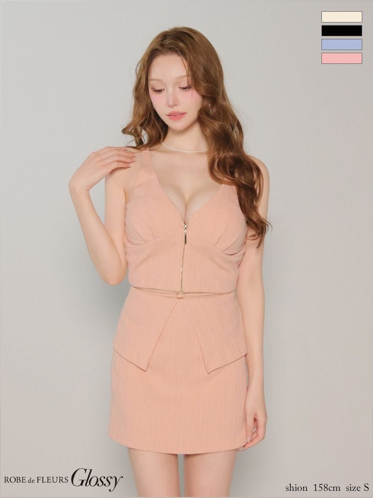 [ROBEdeFLEURSGlossy/ローブドフルールグロッシー] 高級 ブランド タイトミニドレス セットアップ キャミソール 谷間 ジップ 背中魅せ バックリボン ウエストベルト リブニット