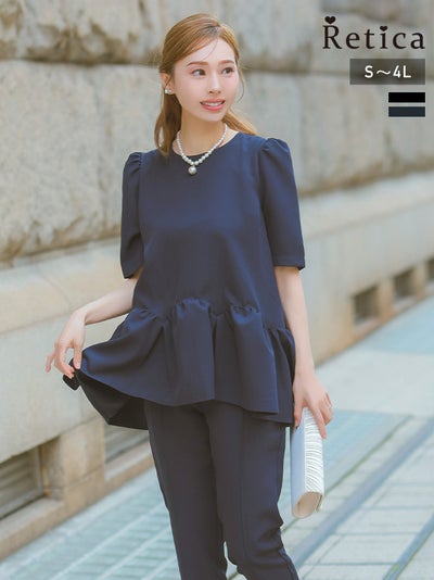 バックパールボタン付きペプラムトップス×センターシームパンツドレス 結婚式 二次会 (Sサイズ～4Lサイズ)