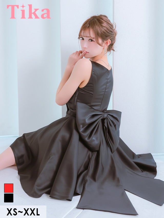 バースデー ノースリーブ スクエアネック サテン バックリボン 高身長 黒 ブラック XL XXL XSあり Aライン ミモレ丈 キャバドレス