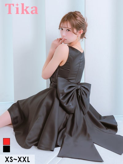 バースデー ノースリーブ スクエアネック サテン バックリボン 高身長 黒 ブラック XL XXL XSあり Aライン ミモレ丈 キャバドレス
