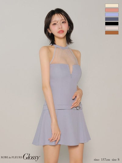 [ROBEdeFLEURSGlossy/ローブドフルールグロッシー] 高級 ブランド Aラインミニドレス 谷間 ホルターネック ジップ プリーツ ベルトデザイン