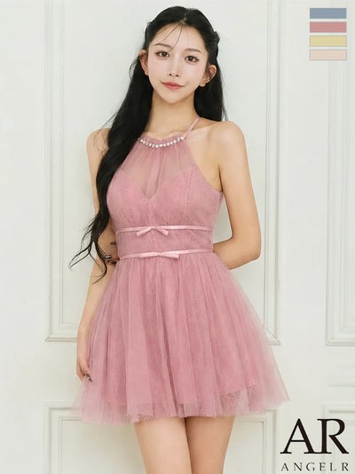 [Angel-R/エンジェルアール] 高級 ブランド Aラインミニドレス ホルターネック ビジュー 背中魅せ ウエストリボン バストシアー チュール