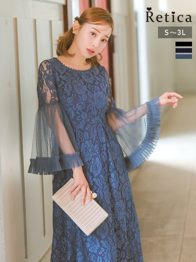  [SALE] 透けチュール切り替えスリーブ花柄レースAラインパーティードレス 結婚式 二次会(Sサイズ～3Lサイズ)