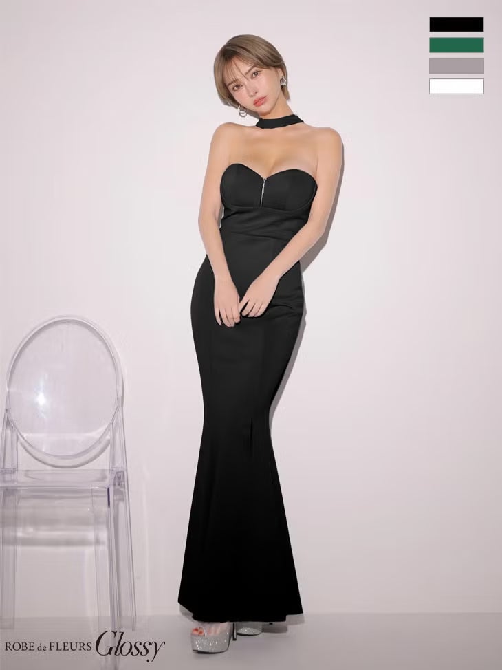 キャバドレス ロングドレス ROBEdeFLEURSGlossy ローブドフルールグロッシー 高級 ブランド タイトロングドレス ジップ 谷間 マーメイド スリット 背中魅せ チョーカー風 バックシアー ワンカラー