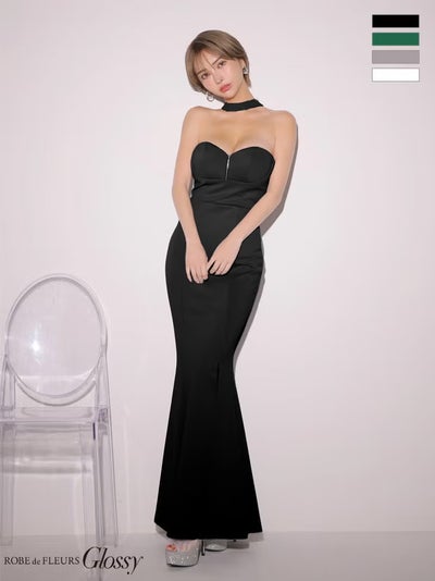キャバドレス ロングドレス ROBEdeFLEURSGlossy ローブドフルールグロッシー 高級 ブランド タイトロングドレス ジップ 谷間 マーメイド スリット 背中魅せ チョーカー風 バックシアー ワンカラー