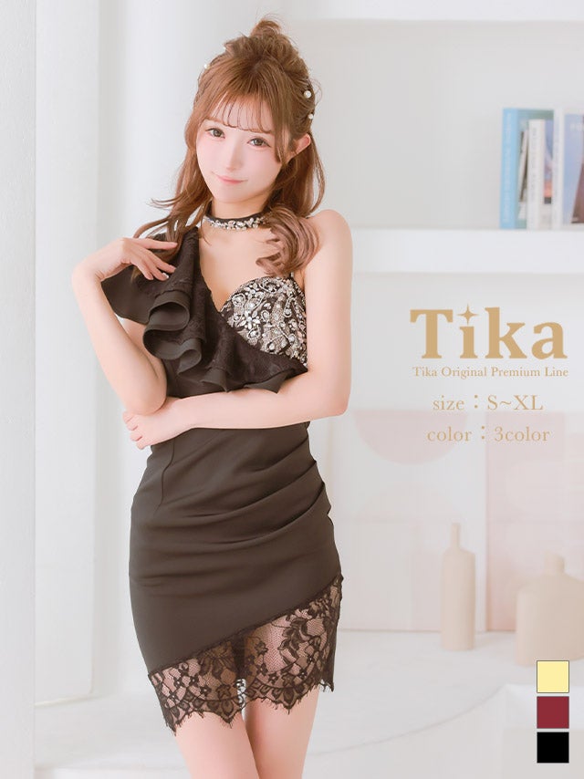 ミニドレス ワンショルダー 大判フリル ビジュー チョーカー付き 谷間 ストレッチ レース ブラック 黒 XL タイト キャバドレス