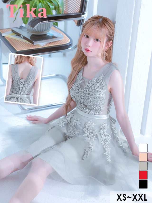 バースデー 刺繍レース ノースリーブ 谷間 チュール グレー XL XXL XSあり Aライン ミモレ丈 キャバドレス