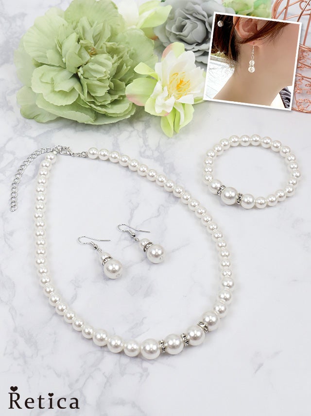 ビジューリング×パール ネックレス・ブレスレット・ピアス 3点セット
