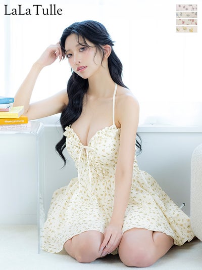 [ROBEdeFLEURS/ローブドフルール] 高級 ブランド Aラインミニドレス ホルターネック 谷間 リボン 花柄 シフォン (ゆいぴす着用)