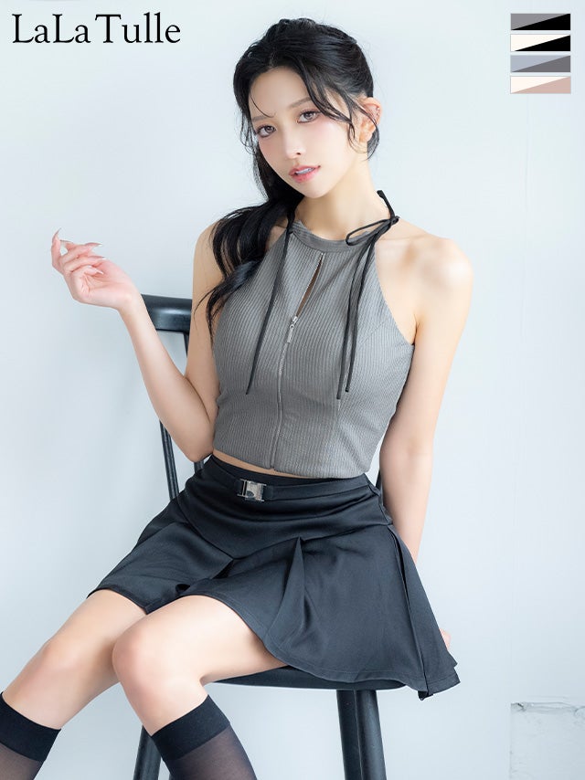 [ROBEdeFLEURSGlossy/ローブドフルールグロッシー] 高級 ブランド Aラインミニドレス 谷間 セットアップ ホルターネック ジップ ウエストベルト バイカラー (ゆいぴす着用)
