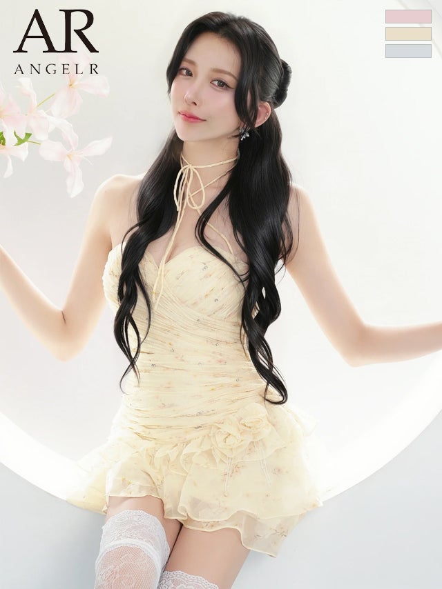 [Angel-R/エンジェルアール] 高級 ブランド Aラインミニドレス 谷間 2way ホルターネック ベア ウエストカット ラメ フラワー フリル シャーリング