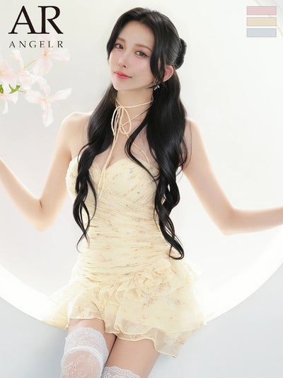 [Angel-R/エンジェルアール] 高級 ブランド Aラインミニドレス 谷間 2way ホルターネック ベア ウエストカット ラメ フラワー フリル シャーリング