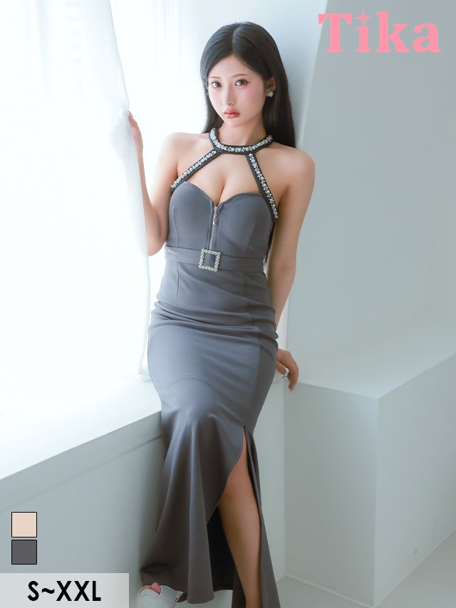 ロングドレス ホルターネック キラキラ ビジュー ジップ 谷間 セクシー